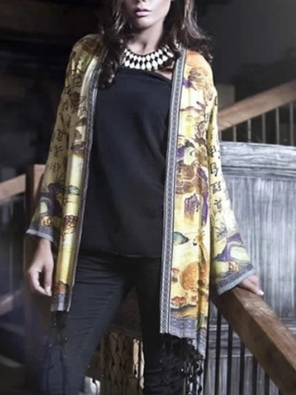 Maria B. Yellow Floral Embroidered Kimono Jacket